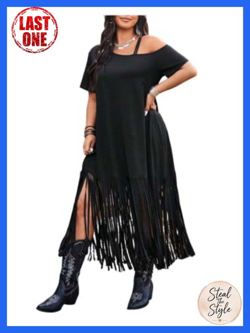 Plus Size Western Fringe T Shirt Dress Cold Shoulder Maxi